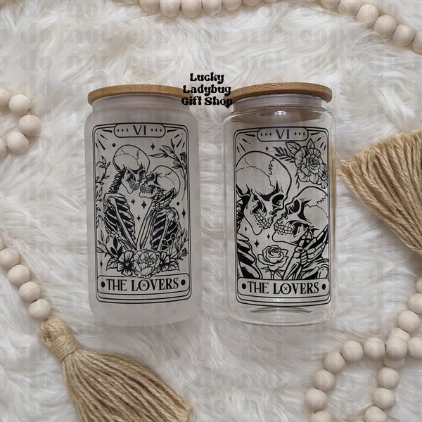 Lovers tarot card frosted glass cup with bamboo lid or colored lid, Lovers skeleton beer can glass, Lovers skeleton tarot card glass cup
