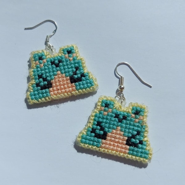 Handmade to Order Cutesy Cross stitch Frog Earrings