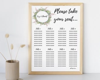 Seating chart template, instant digital download, personalised wedding sign, seating plan, printable wedding stationery, floral wreath