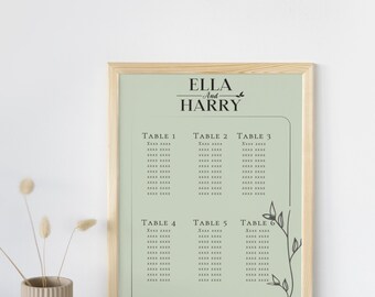 Sage green wedding table seating plan chart template, digital instant download, print at home, printable wedding stationery, minimalist