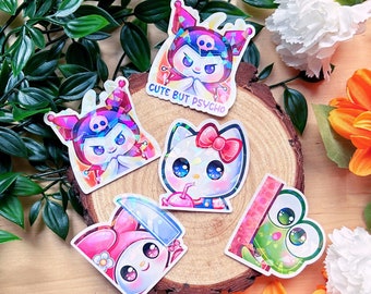 Cute Plushies Holographic Stickers | Broken Glass | Cute | Kawaii | Kuro | Kero | Kitty | Hello | Cute but Psycho | Evil | Melody | Decal