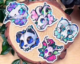 Animal Skulls Holographic Stickers | Broken Glass | Aesthetic | Creepy Cute | Rabbit | Cat | Raven | Goat | Deer | Flower | Die Cut | Decal