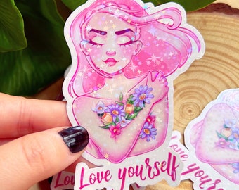 Love yourself Holographic stars sticker | Holographic Sticker | Cute Sticker | Pink Sticker | Motivational | Kawaii | Valentine's Day
