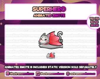 Superhero cat Twitch Animated Emote | Discord | Youtube | Streamer | Raid | Cute | Kawaii | Kitty | Kitten | Gray | Calico | Hero | Powerful