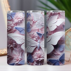 3D butterflies design, skinny straight, 20oz tumbler, 3D flower design personalized custom gift insulated handmade gift tumbler with straw.