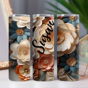 3D floral design 20oz skinny straight tumbler personalized custom gift insulated tumbler with lid and straw birthday gift for her handmade