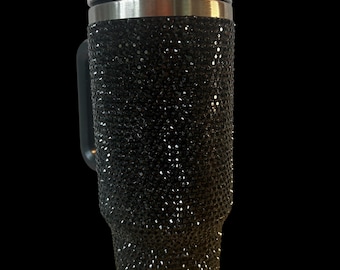 40oz Insulated Tumbler with Handle, Sparkly Rhinestone Travel Cup (Handmade)