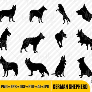 Puede incluir: Un conjunto de diez imágenes en silueta negra de perros pastores alemanes en varias poses. Las imágenes son adecuadas para proyectos de artesanía, corte y diseño.