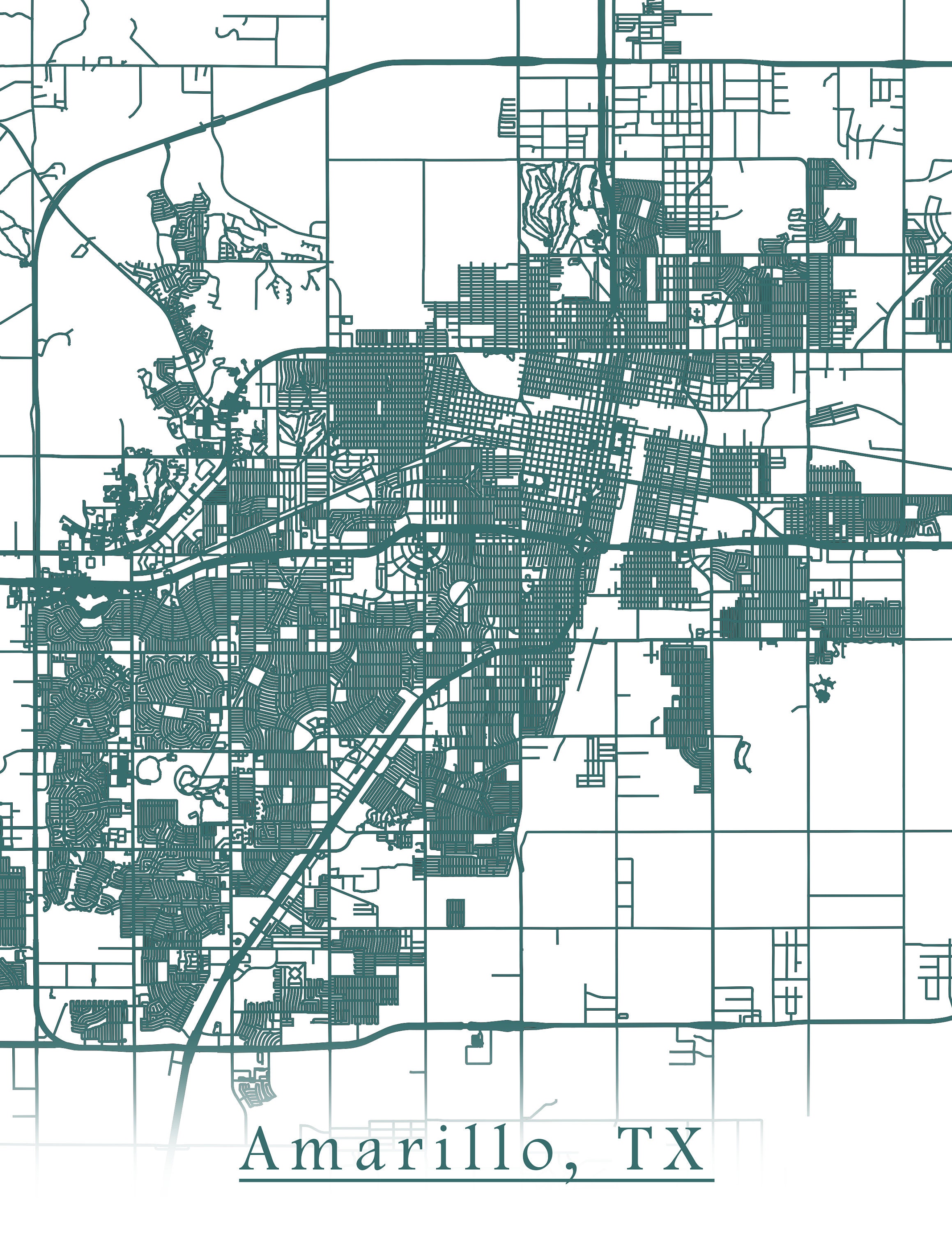 Colored Map of Amarillo TX and All Its Roads | Etsy