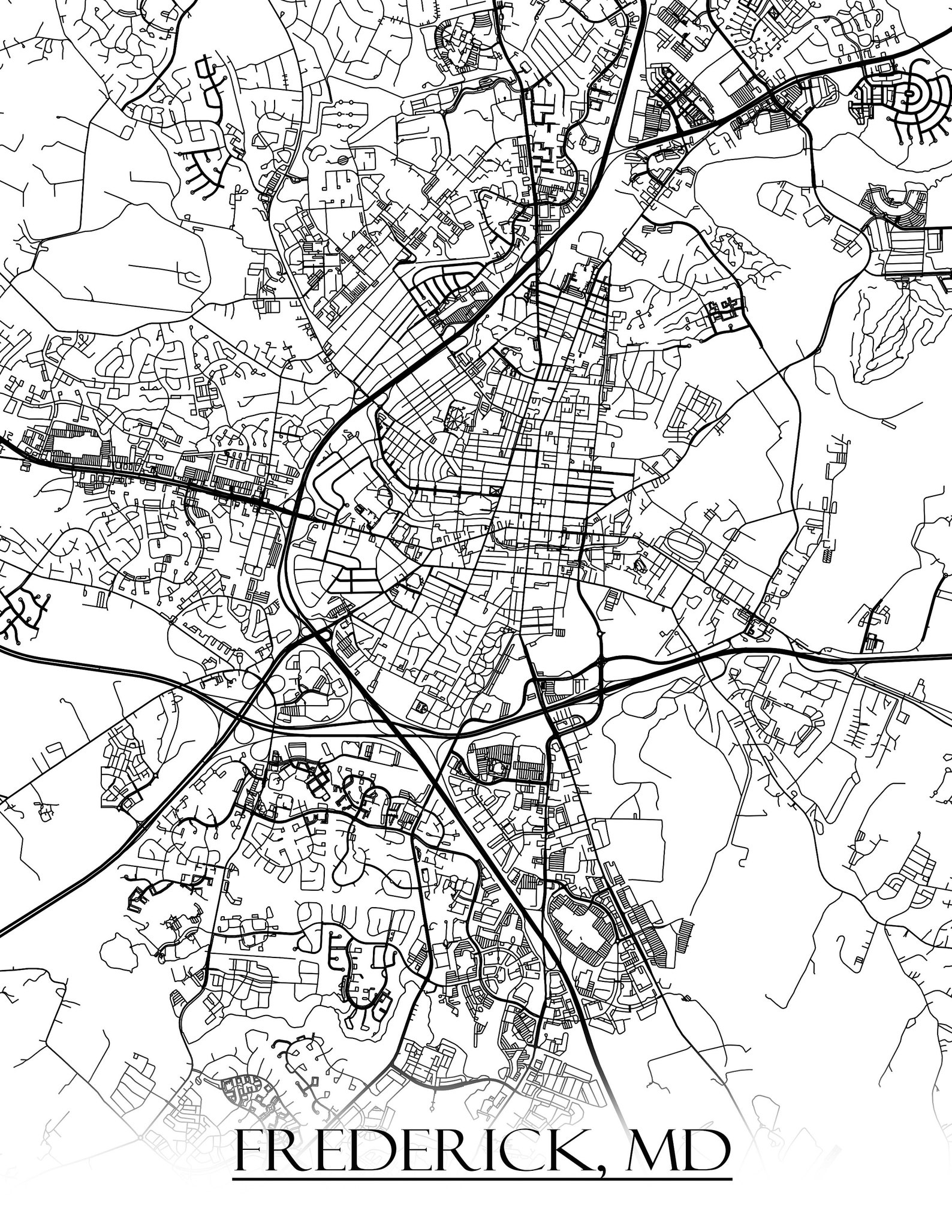 Colored Map of Frederick MD and All Its Roads Etsy