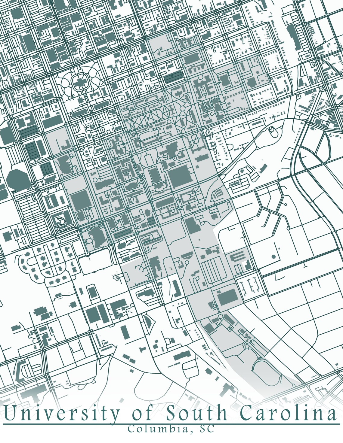 Colored Map of University of South Carolina and All Its Roads Etsy