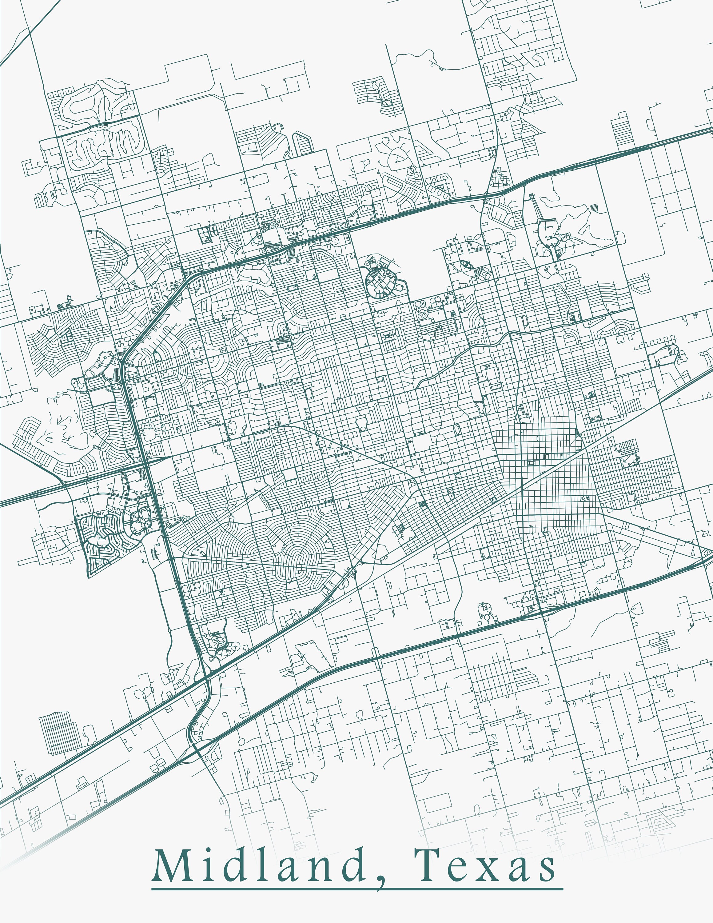 Colored Map of Midland Texas and all its Roads Etsy
