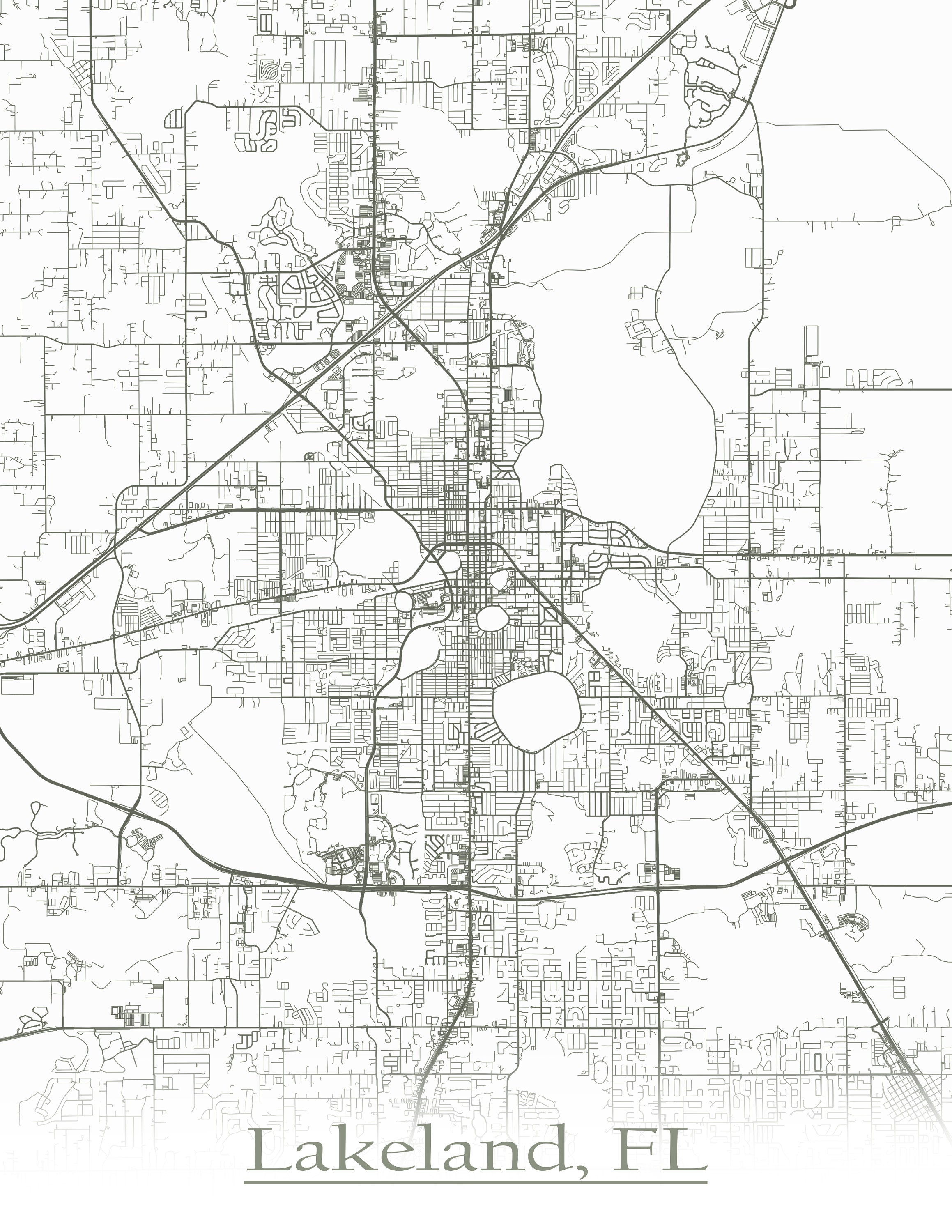 Colored Map of Lakeland FL and All Its Roads Etsy
