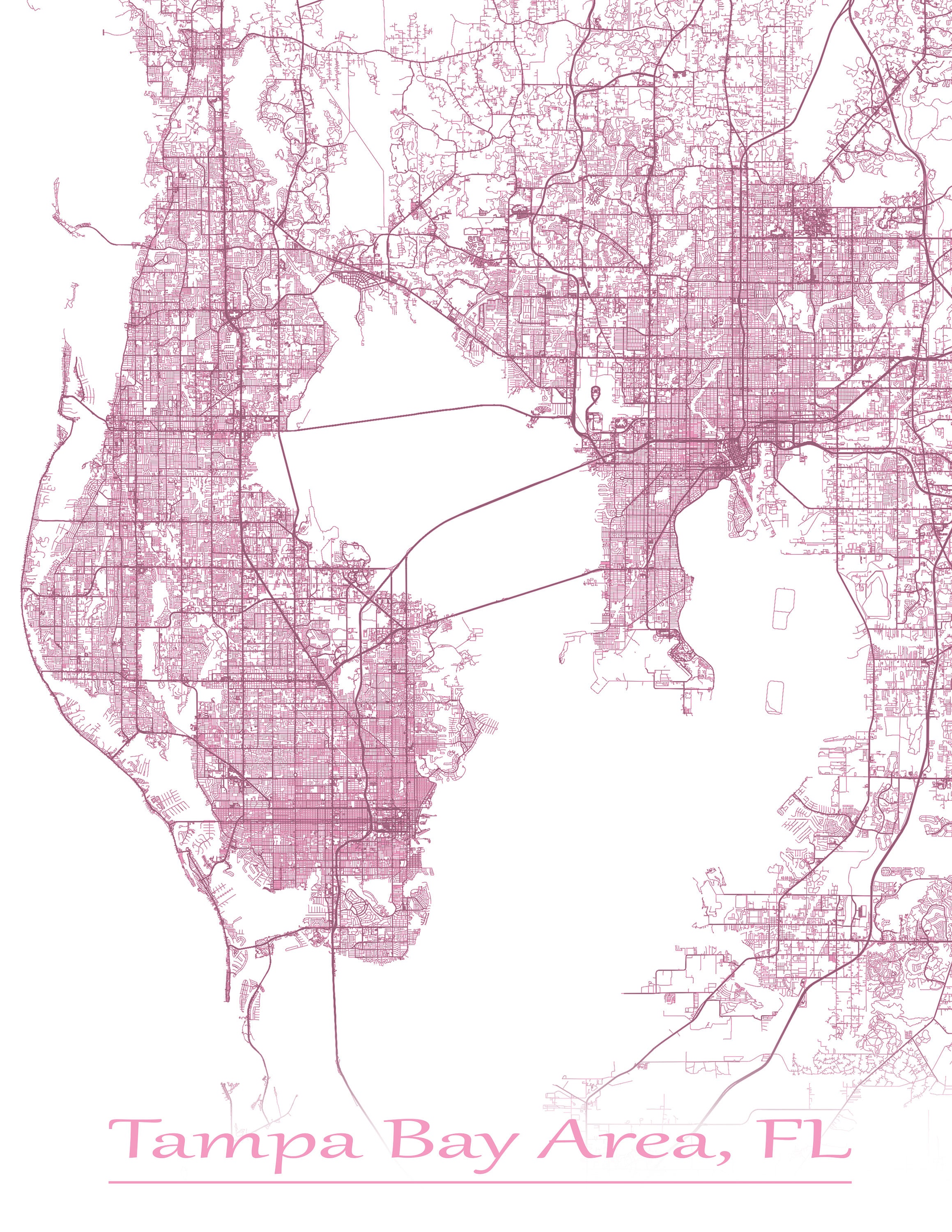 Colored Map of Tampa Bay Area Florida and all its Roads | Etsy