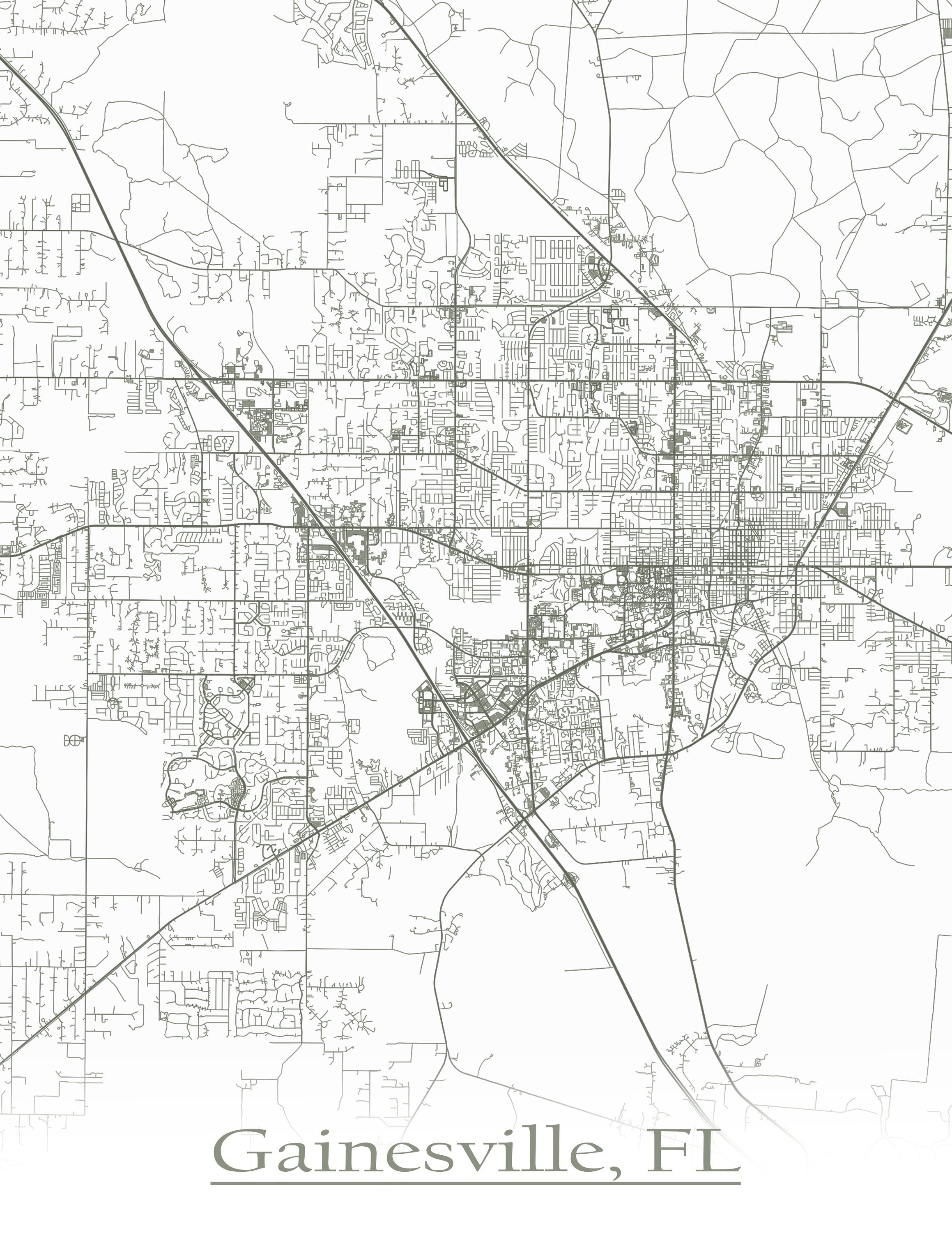 Colored Map of Gainesville FL and all its Roads | Etsy