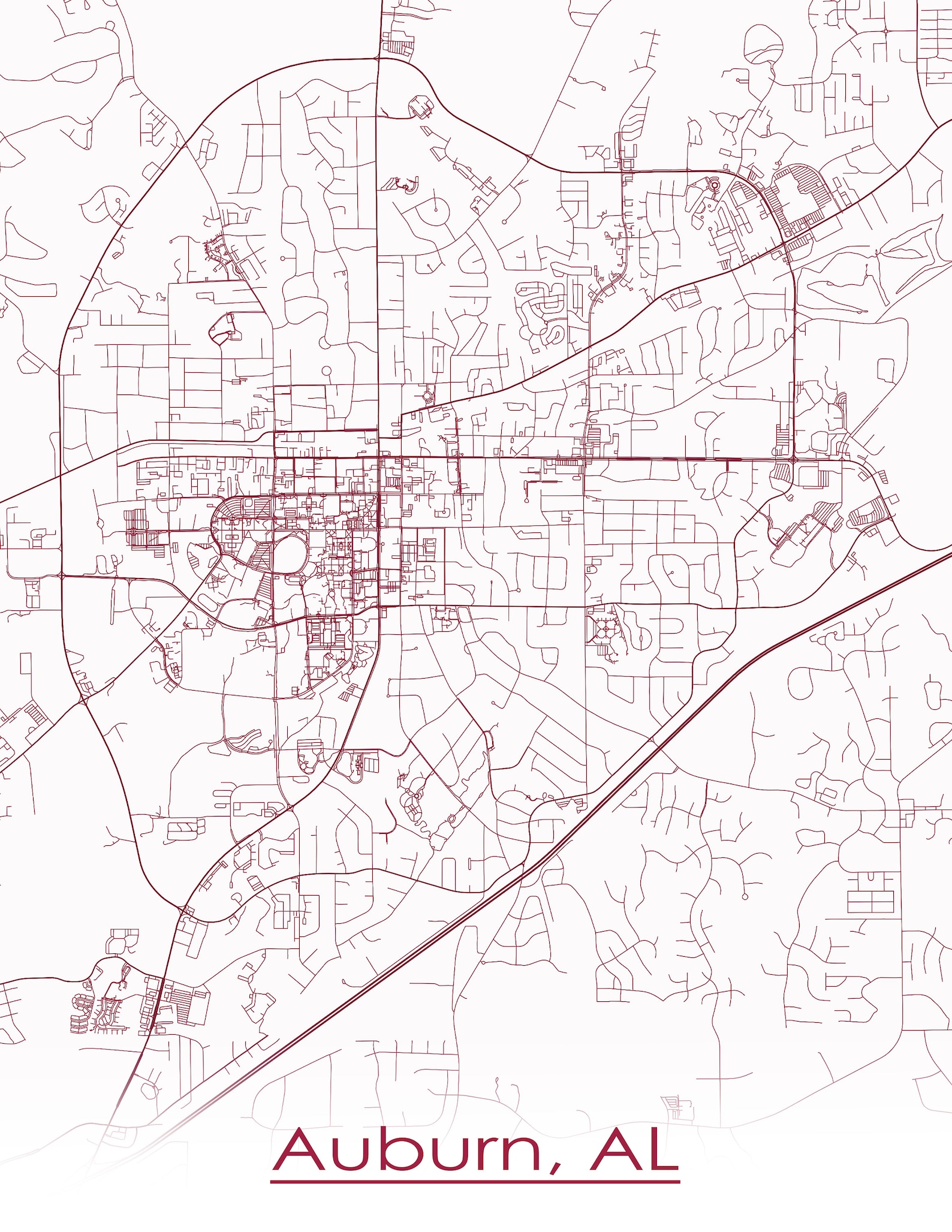 Colored Map of Auburn AL and all its Roads Etsy