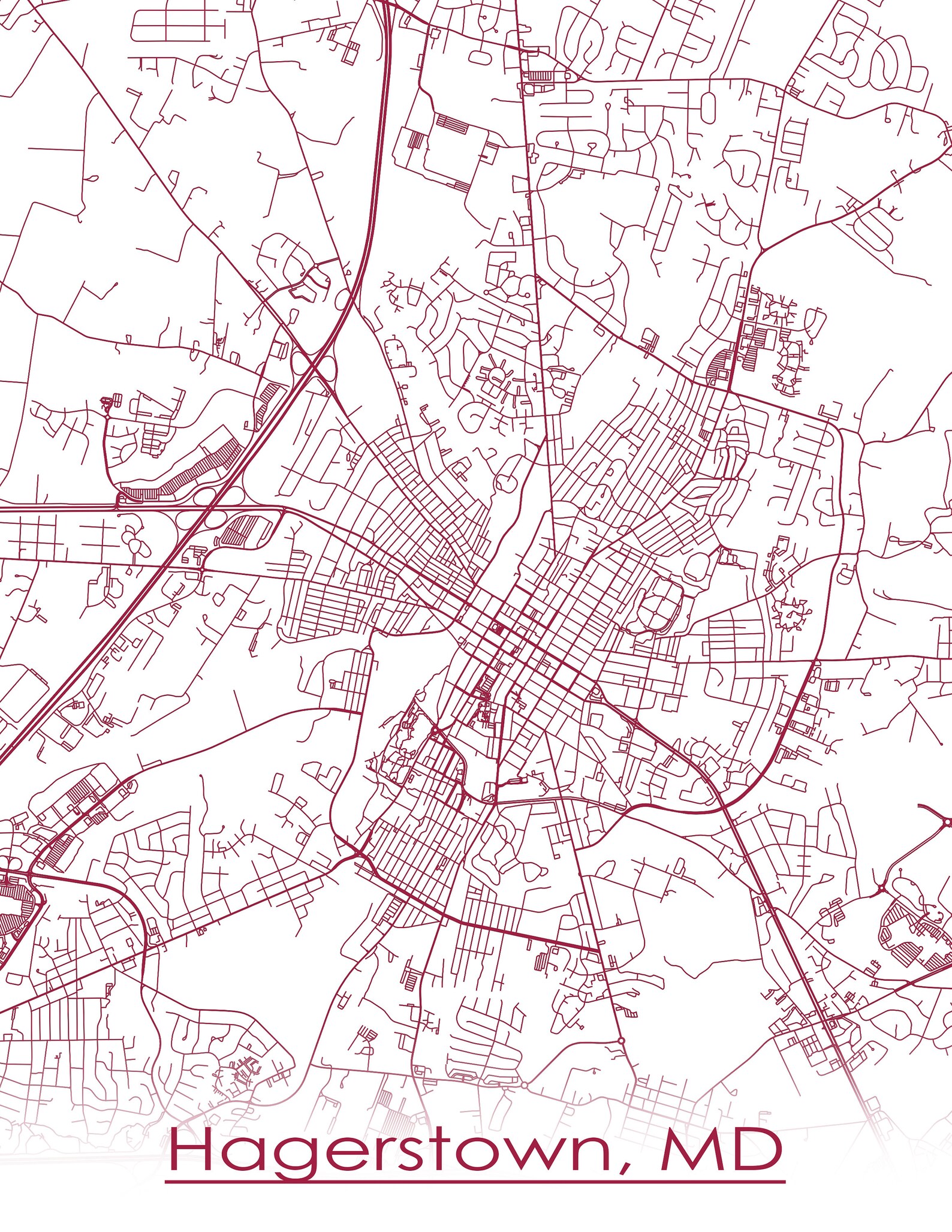 Colored Map of Hagerstown MD and All Its Roads Etsy