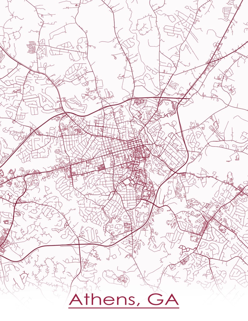 Colored Map of Athens GA and All Its Roads Etsy