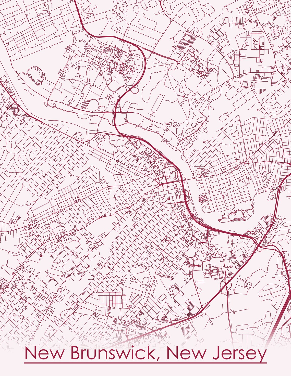 Colored Map of New Brunswick New Jersey and all its Roads  Etsy