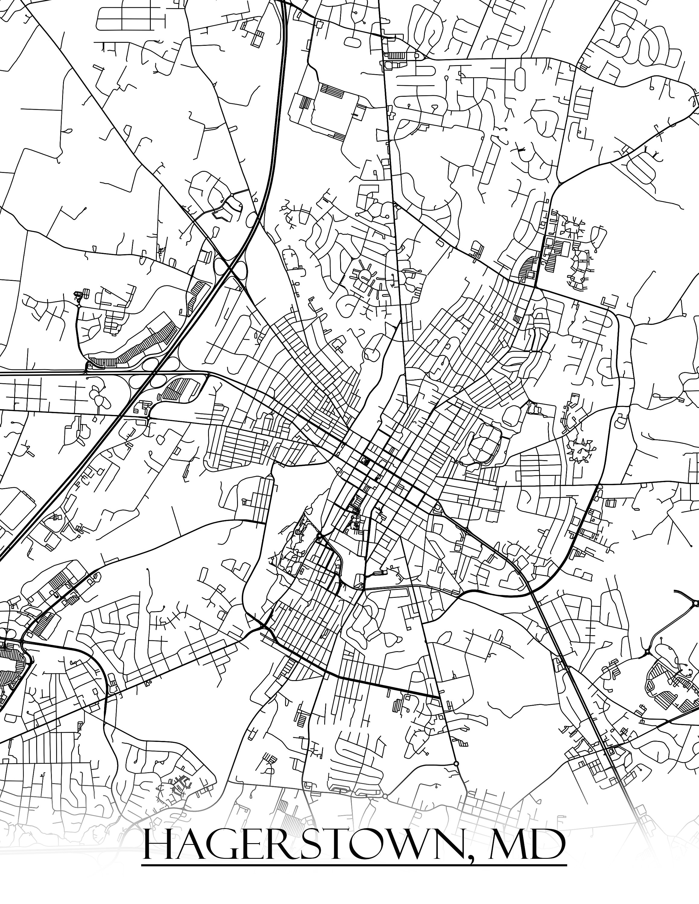 Colored Map of Hagerstown MD and All Its Roads Etsy