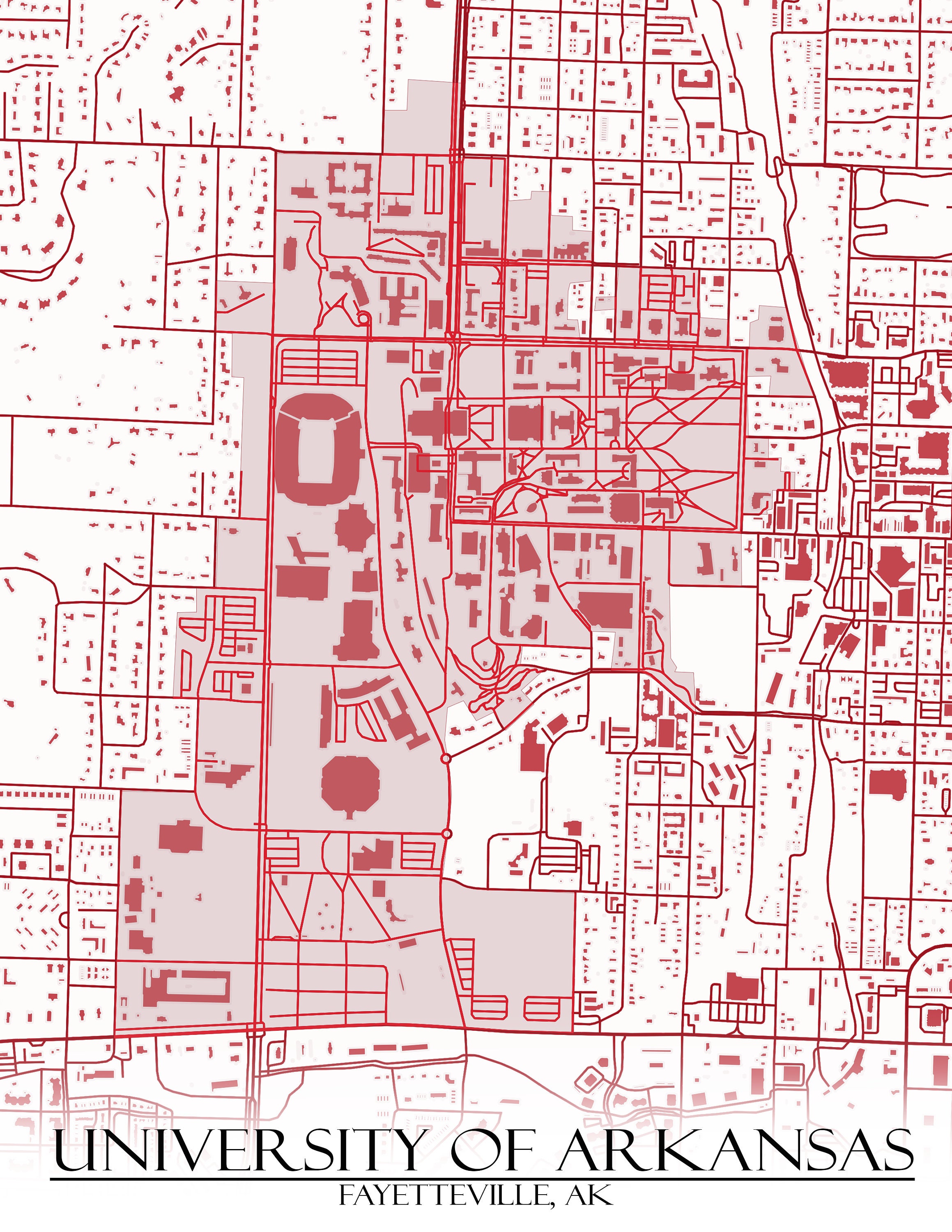 Colored Map of University of Arkansas and all its Roads Etsy