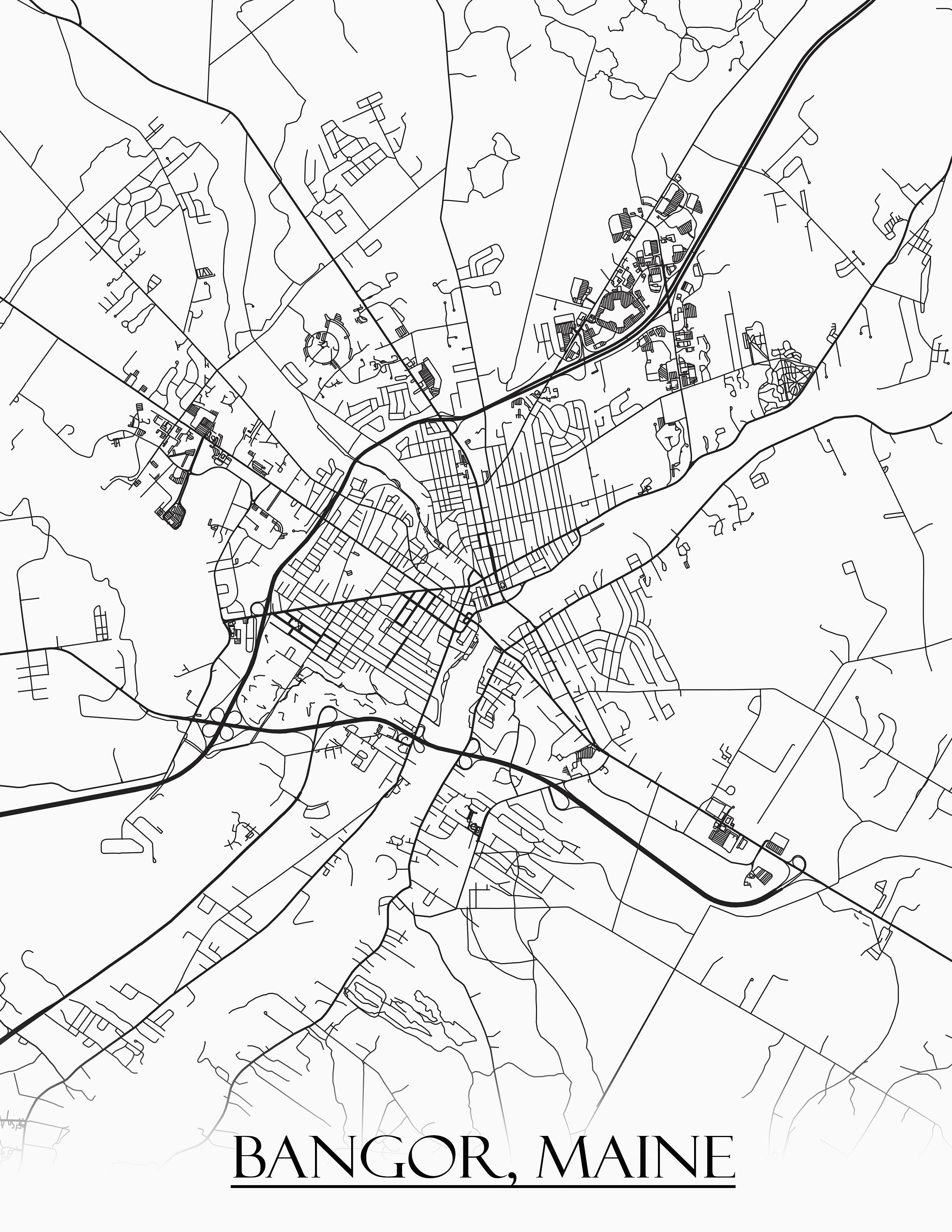Colored Map of Bangor Maine and all its Roads Etsy