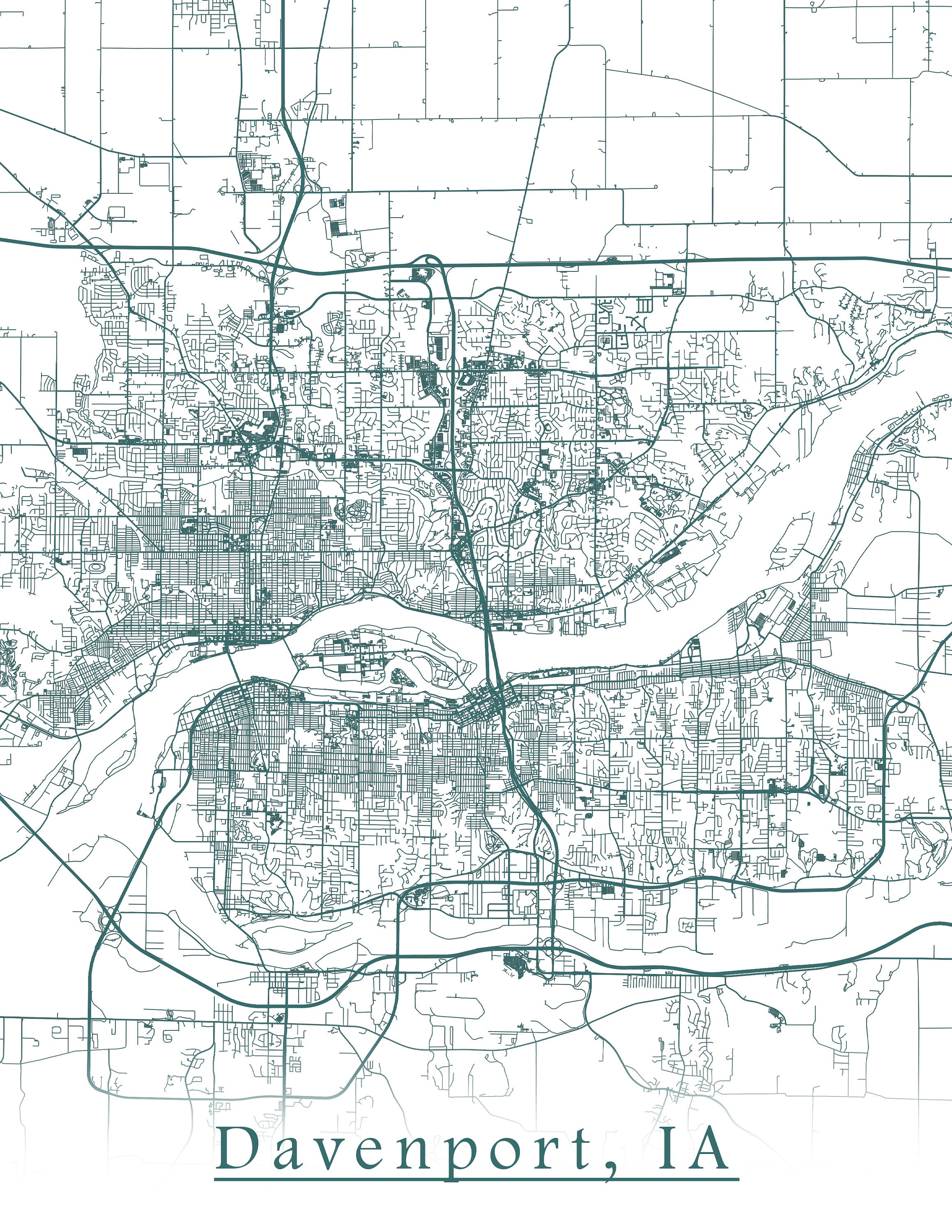 Colored Map of Davenport IA and All Its Roads Etsy
