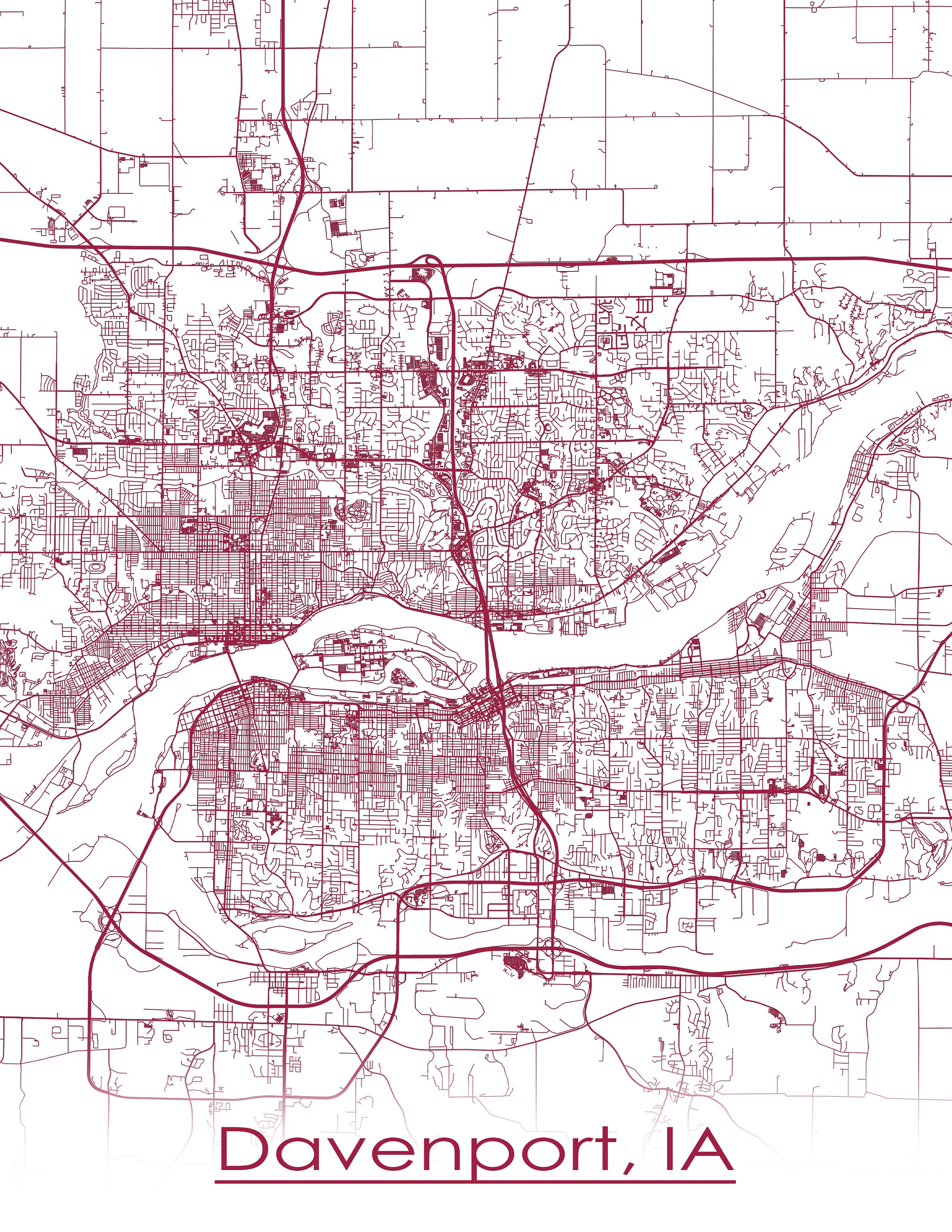 Colored Map of Davenport IA and All Its Roads Etsy