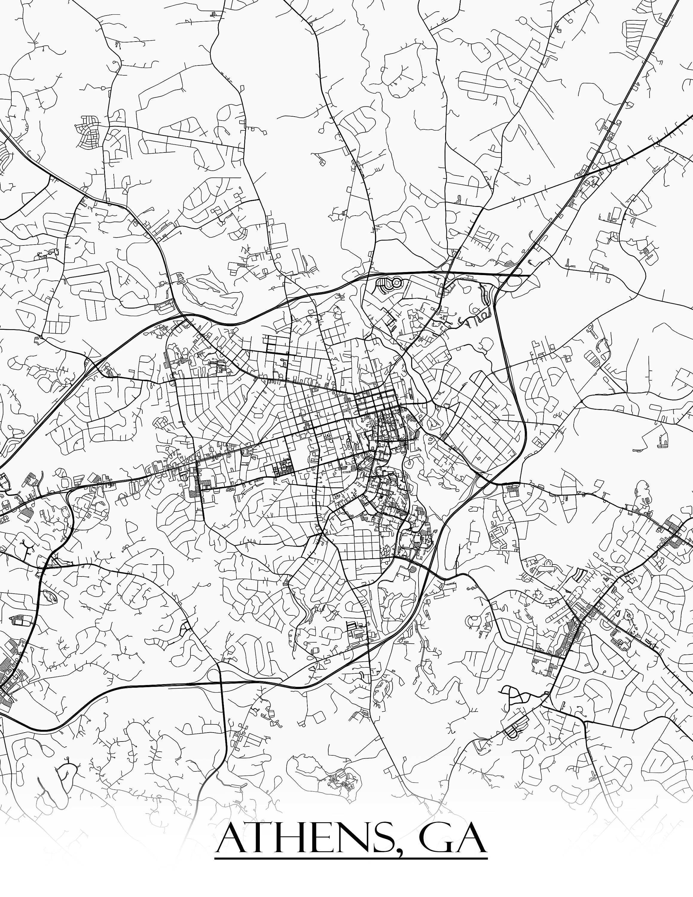 Colored Map of Athens GA and All Its Roads Etsy