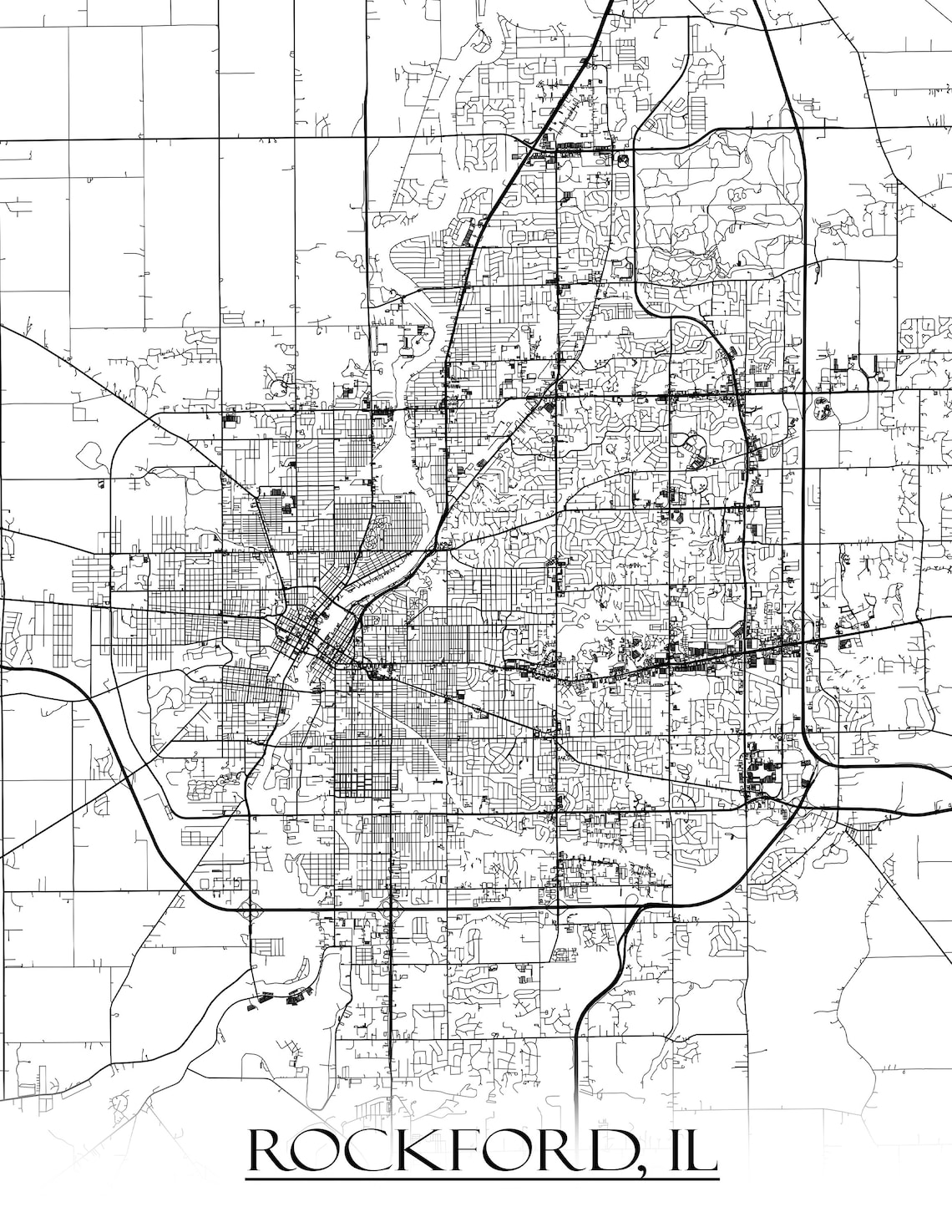 Colored Map of Rockford IL and All Its Roads Etsy