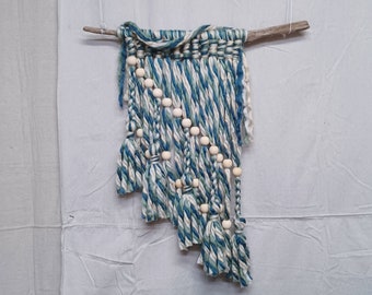 Boho Coastal Macrame Wall Hanging on Driftwood, Teal Green Ivory, Tassels Beads