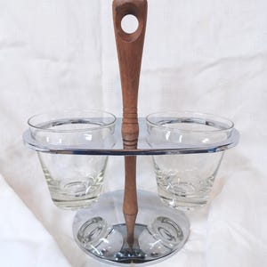 Vintage Mid-Century Chrome Walnut Condiment Caddy: Dual Glass Serving Cups