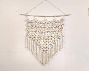 Coastal Boho Macrame Crochet Shell Net Triangular Tapestry, Cute Nursery Decor, 2 Color Choices-Multi Greens Blues-Ivory Speckled