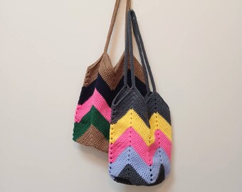 Granny Square Hobo Bag Tote, Large Multicolored Chevron Striped Market Shoulder Bag Long Straps Deep Interior, Two Color Options