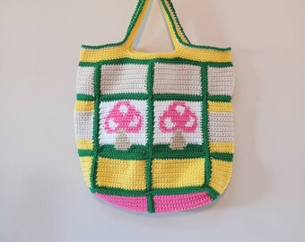 Patchwork Mushroom Crochet Large Tote, Colorful Square Textile Travel Bag, White Green Yellow Pink, Tendy Fungus Motif