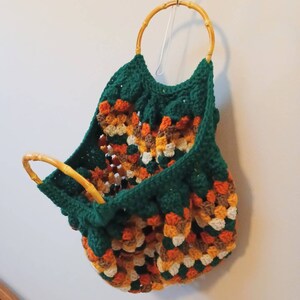 Fat Bottom Granny Square Crochet Bag Tote, Bamboo Handles, Multicolor Harvest Earth Tones, 1970s Inspired, Pop Culture Japanese Fashion image 2