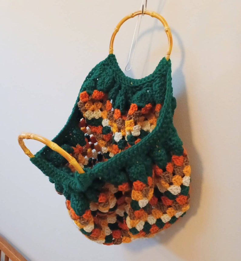 Fat Bottom Granny Square Crochet Bag Tote, Bamboo Handles, Multicolor Harvest Earth Tones, 1970s Inspired, Pop Culture Japanese Fashion image 2