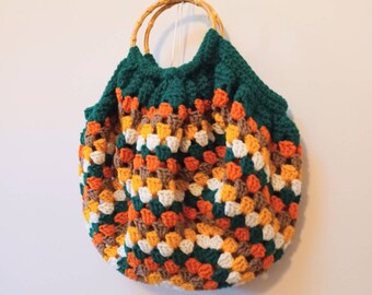 Fat Bottom Granny Square Crochet Bag Tote, Bamboo Handles, Multicolor Harvest Earth Tones, 1970s Inspired, Pop Culture Japanese Fashion