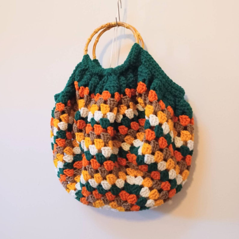 Fat Bottom Granny Square Crochet Bag Tote, Bamboo Handles, Multicolor Harvest Earth Tones, 1970s Inspired, Pop Culture Japanese Fashion Autumn harvest