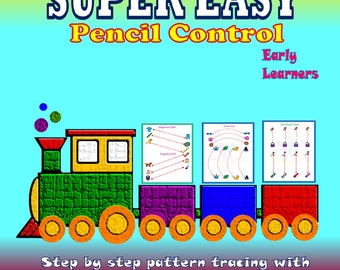 Puede incluir: Un libro educativo colorido para niños pequeños, con un dibujo de tren y el texto "SUPER EASY Pencil Control". El libro incluye actividades de trazado y patrones para los primeros estudiantes, con las palabras "Actividades", "Patrones" y "Trazado".