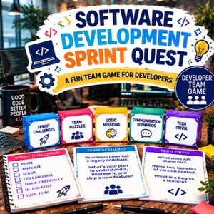 Utskrivbart teambuildingspel för mjukvaruutvecklare, teknikteamaktivitet, programmerarkontorsutmaning, kollegaspel, isbrytare för utvecklare