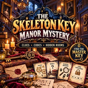 May include: The Skeleton Key Manor Mystery game box features a title in gold lettering, surrounded by a dark mansion interior. Includes cards labeled Puzzle, Riddle, Search Mission, and Code Challenge, a brass key, a magnifying glass, and a wax-sealed envelope.