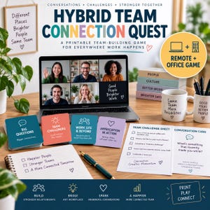Utskrivbart hybridspel för teambuilding, aktivitet för distans- och kontorsanställda, isbrytare för virtuella kollegor, teamutmaning på arbetsplatsen