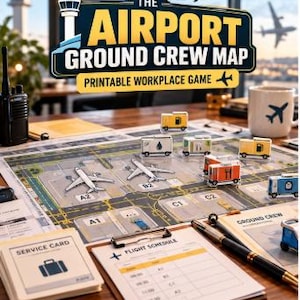 May include: A printable workplace game titled The Airport Ground Crew Map featuring a board with airplane icons, small service vehicle tokens, a flight schedule clipboard, service cards, a black walkie-talkie, and a mug with an airplane logo.