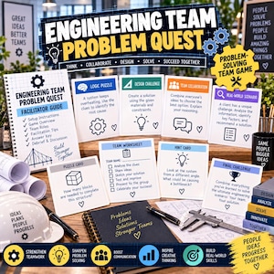 May include: Engineering Team Problem Quest game set featuring a spiral-bound facilitator guide, various task cards including Logic Puzzle, Design Challenge, Team Collaboration, Real-World Scenario, Puzzle Card, Team Worksheet, Hint Card, and Final Challenge.