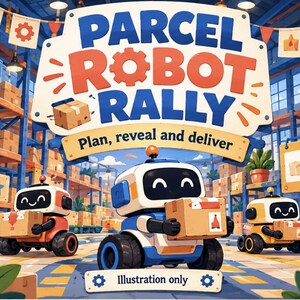 May include: A board game box cover titled Parcel Robot Rally with the subtitle Plan, reveal and deliver. The illustration features three small, white, blue, and orange robots carrying cardboard boxes in a warehouse setting.
