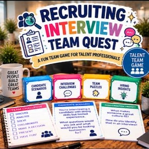 May include: A Recruiting Interview Team Quest game set featuring four colorful boxes labeled Candidate Scenarios, Interview Challenges, Team Puzzles, and Hiring Insights, alongside three instructional cards and a white mug with text.