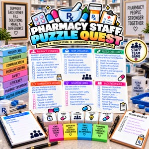 Op de afbeelding: Een Pharmacy Staff Puzzle Quest teamspelset met een grote titelkaart, zes instructieve missiekaarten, een teamwerkblad, een missiechecklist en diverse kleurrijke kaarten met tekst zoals Pharmacy Scenarios en Team Challenges.
