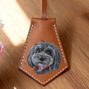 Custom Hand Painted Pet Leather Bag Charm Personalized Handmade Keychain Pet Portrait Dog/Cat Memorial Gift Bag Tag Leather Luggage Tag