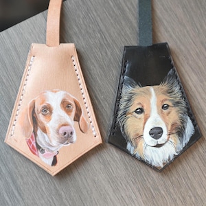 Custom Hand Painted Pet Leather Bag Charm Personalized Handmade Keychain Pet Portrait Dog/Cat Memorial Gift Bag Tag Leather Luggage Tag